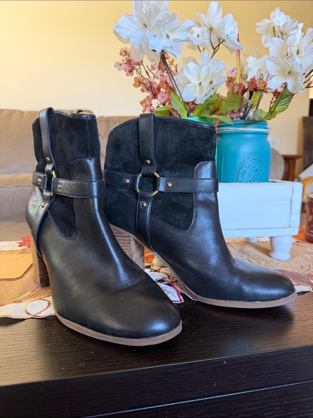 Lauren Ralph Lauren Black Leather & Suede Ankle Boots with Strap Detail